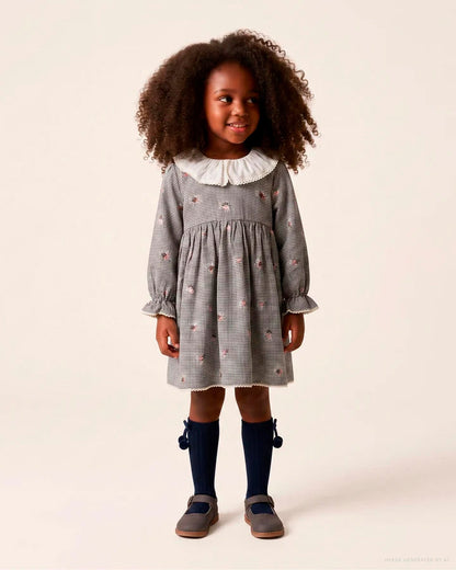 Vestido de algodón Vichy con flores para bebé niña, blanco/azul marino