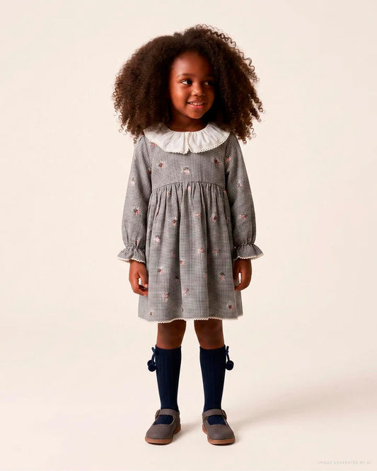 Vestido de algodón Vichy con flores para bebé niña, blanco/azul marino