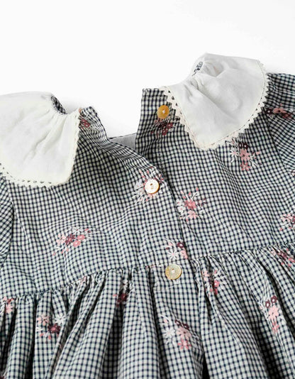 Vestido de algodón Vichy con flores para bebé niña, blanco/azul marino