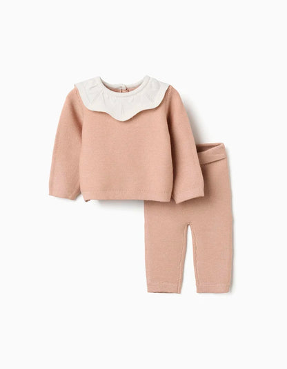 Conjunto de punto de jersey y pantalón para recién nacida, beige