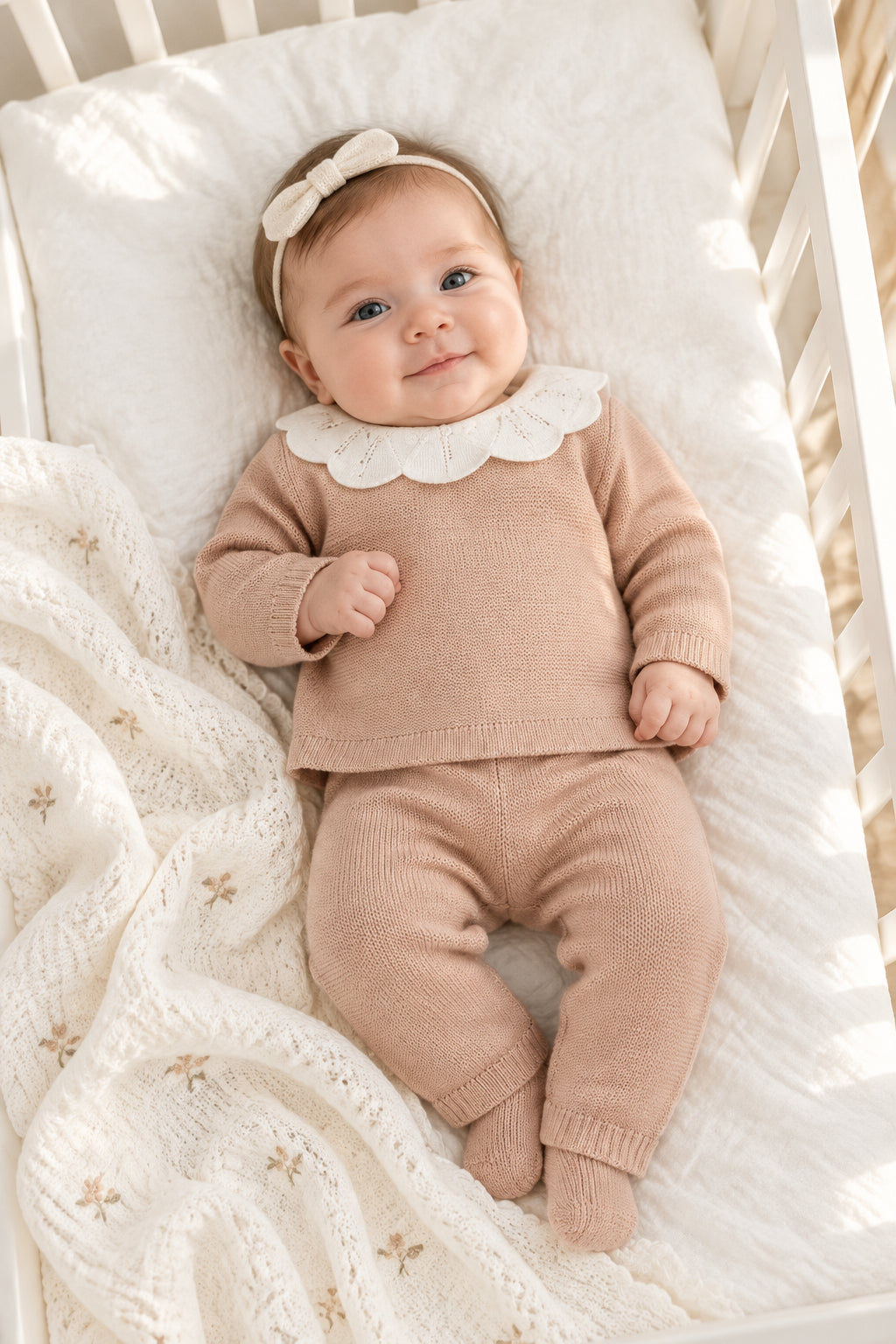 Conjunto de punto de jersey y pantalón para recién nacida, beige