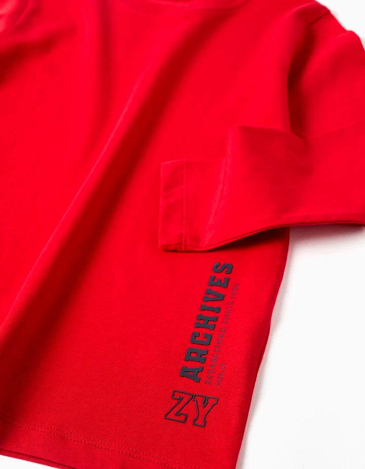 Camiseta de manga larga de algodón con estampado, rojo