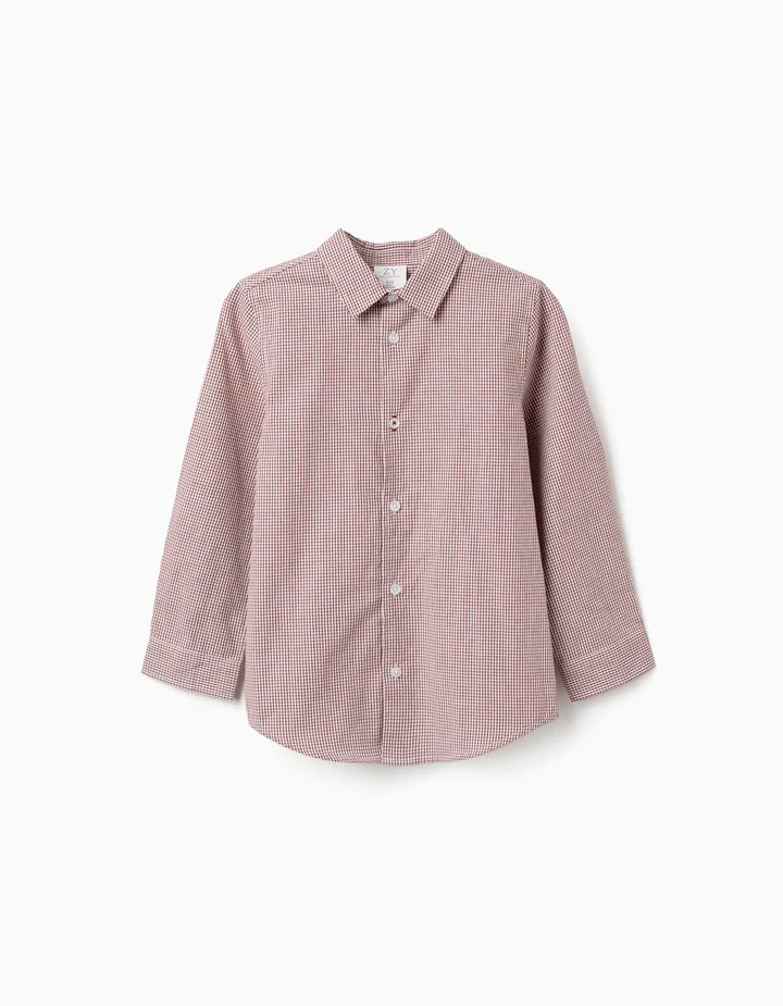 Camisa de manga larga con estampado Vichy para niño, blanco/marrón