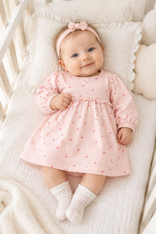 Vestido perchado con estampado de corazones para recién nacida, rosa