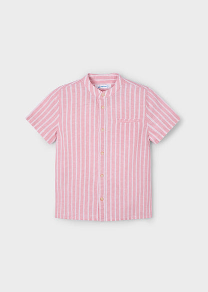Camisa a rayas rosa manga corta, cuello mao