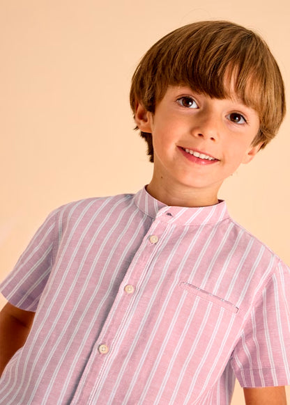 Camisa a rayas rosa manga corta, cuello mao