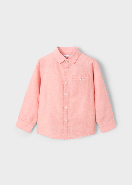 Camisa manga larga con lino, rosa teja. niño