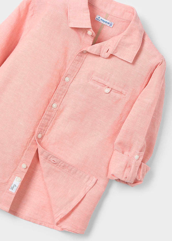 Camisa manga larga con lino, rosa teja. niño