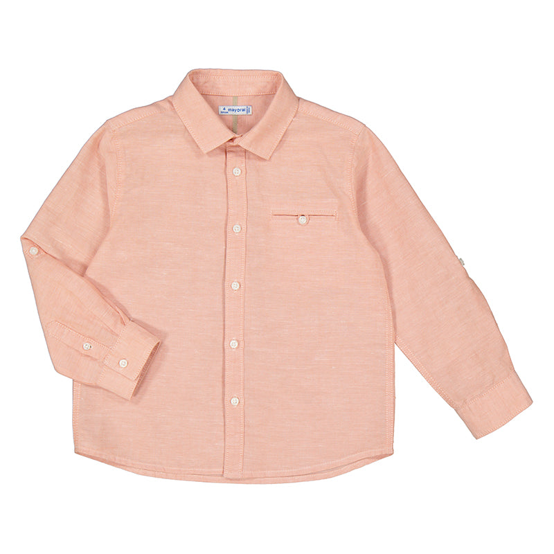 Camisa manga larga con lino, rosa teja. niño