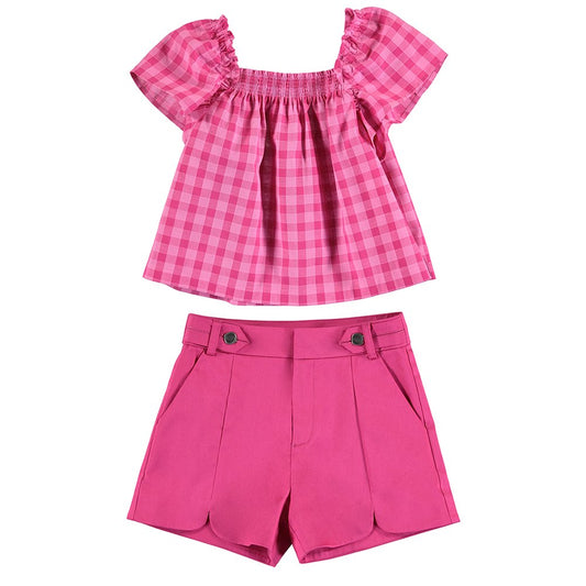 conjunto blusa a cuadros short rosa
