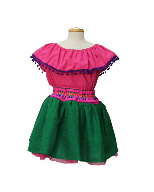 SET PATRIO TUTU CON BLUSA CAMPESINA ROSA POMPON MORADO, FALDA VERDE CAMBAYA