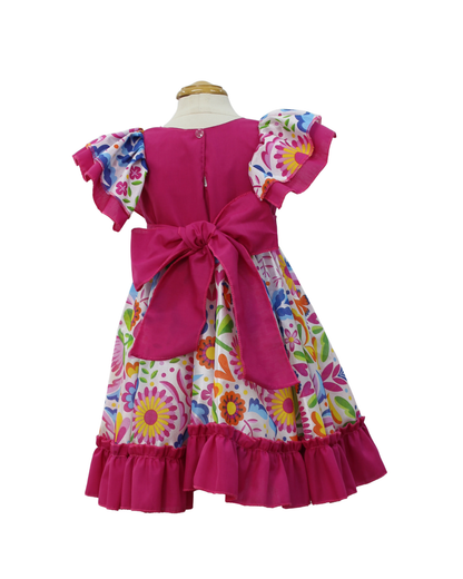 VESTIDO ADELITA TIPICO PATRIO ELEGANTE PETO ROSA MEX. FALDA  FLORES BLANCA