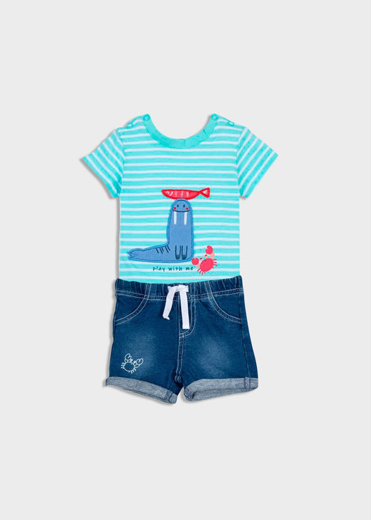 set short denim camiseta azul
