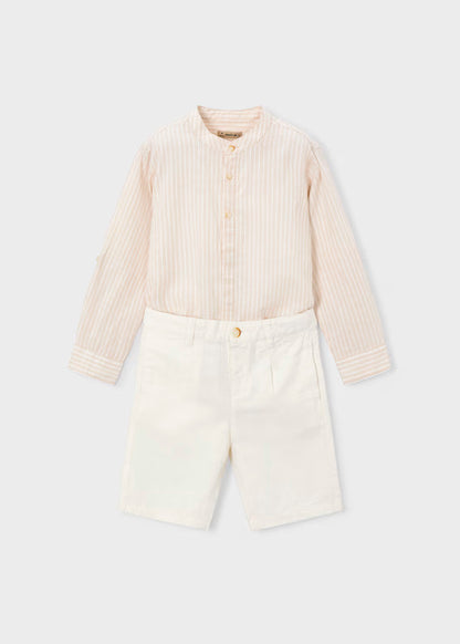 Conjunto de bermuda y camisa avena con lino de manga larga