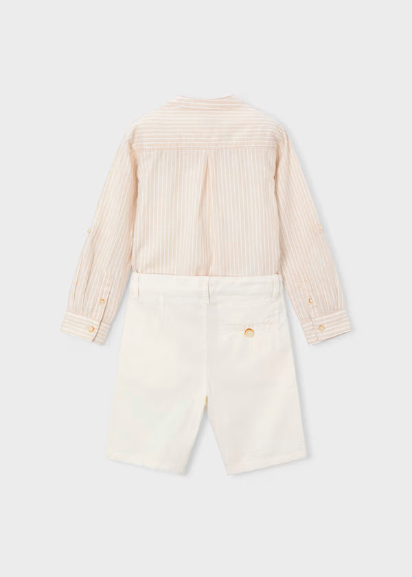 Conjunto de bermuda y camisa avena con lino de manga larga