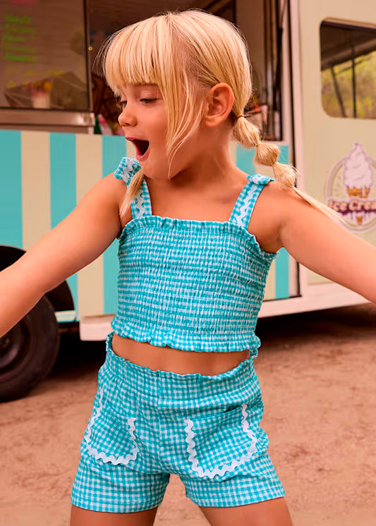 Conjunto short y top nido de abeja, azul cuadros