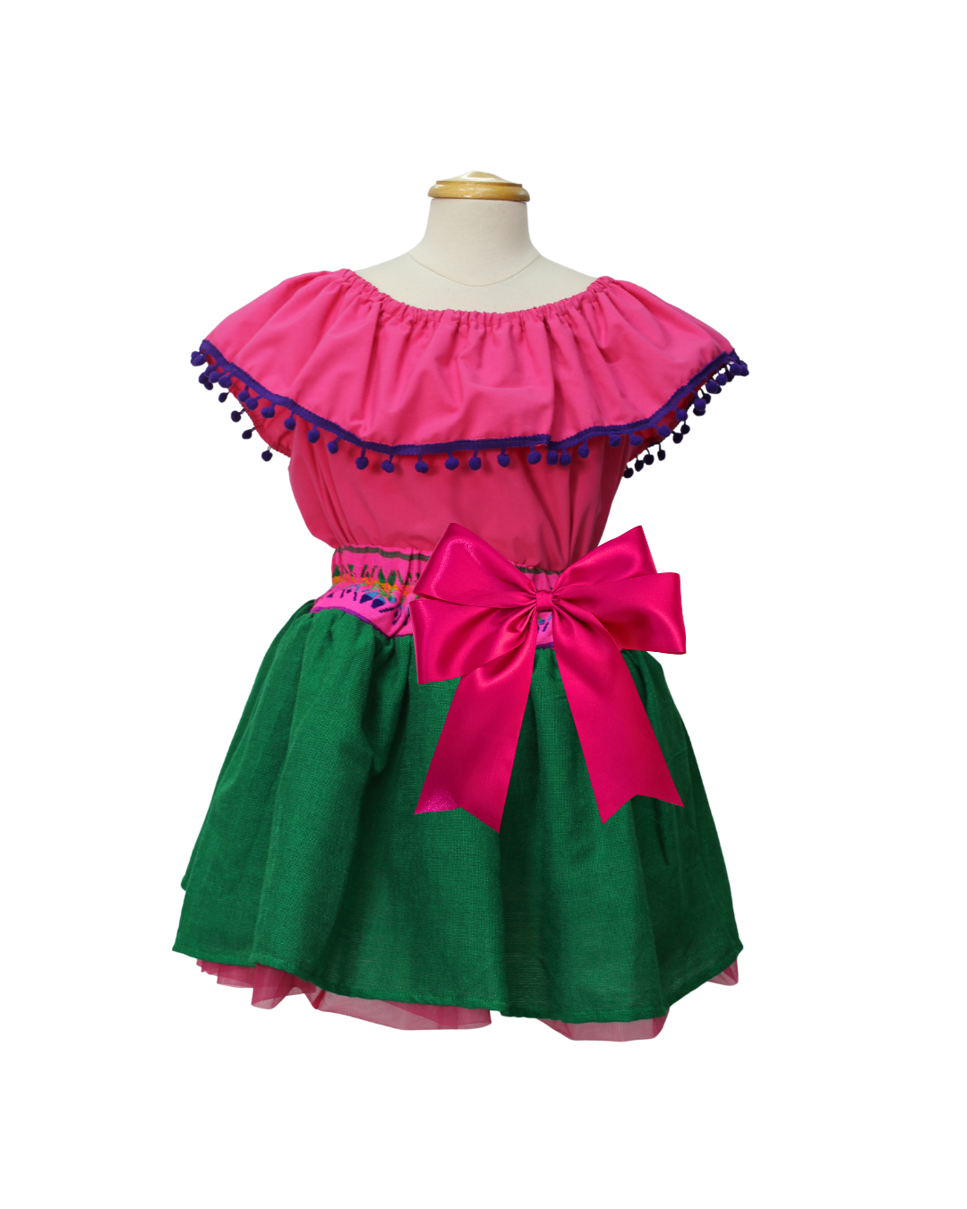 SET PATRIO TUTU CON BLUSA CAMPESINA ROSA POMPON MORADO, FALDA VERDE CAMBAYA