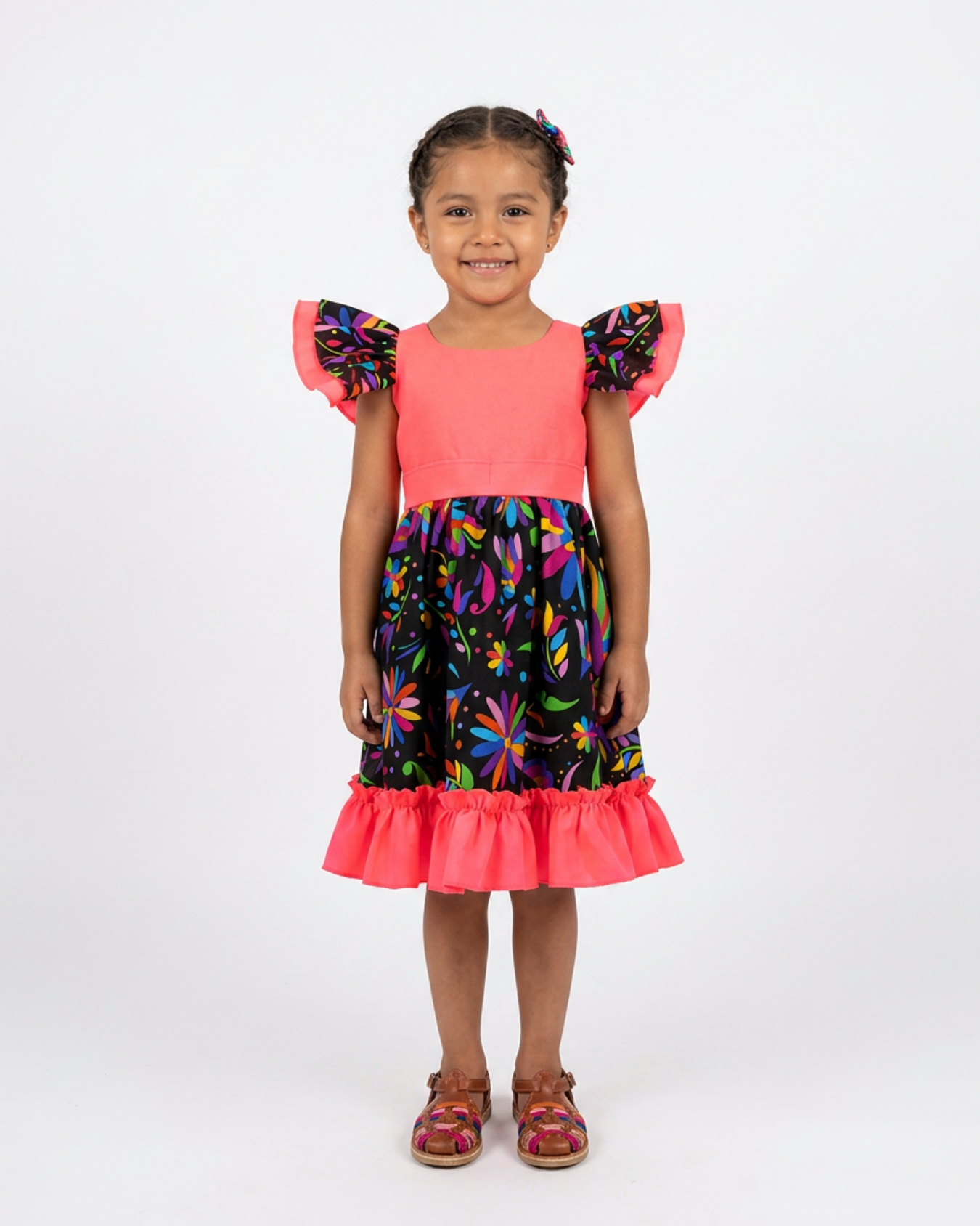 VESTIDO ADELITA TIPICO PATRIO ELEGANTE PETO ROSA NEON FALDA FLORES NEGRA