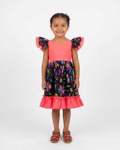VESTIDO ADELITA TIPICO PATRIO ELEGANTE PETO ROSA NEON FALDA FLORES NEGRA