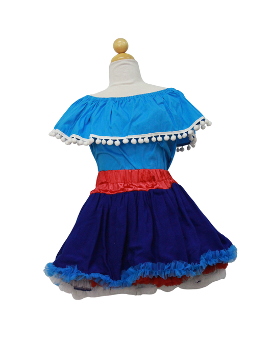 SET PATRIO TUTU CON BLUSA CAMPESINAAZUL POMPON BLANCO, FALDA AZUL