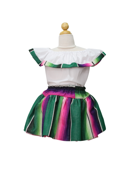 SET PATRIO TUTU CON BLUSA CAMPESINA BLANCA OLAN SALTILLO, FALDA RAYAS