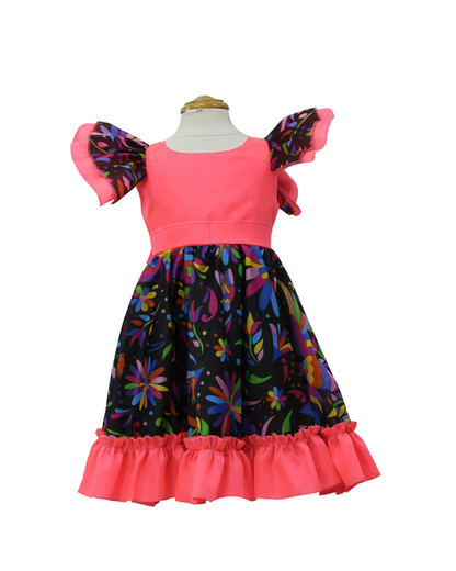 VESTIDO ADELITA TIPICO PATRIO ELEGANTE PETO ROSA NEON FALDA FLORES NEGRA