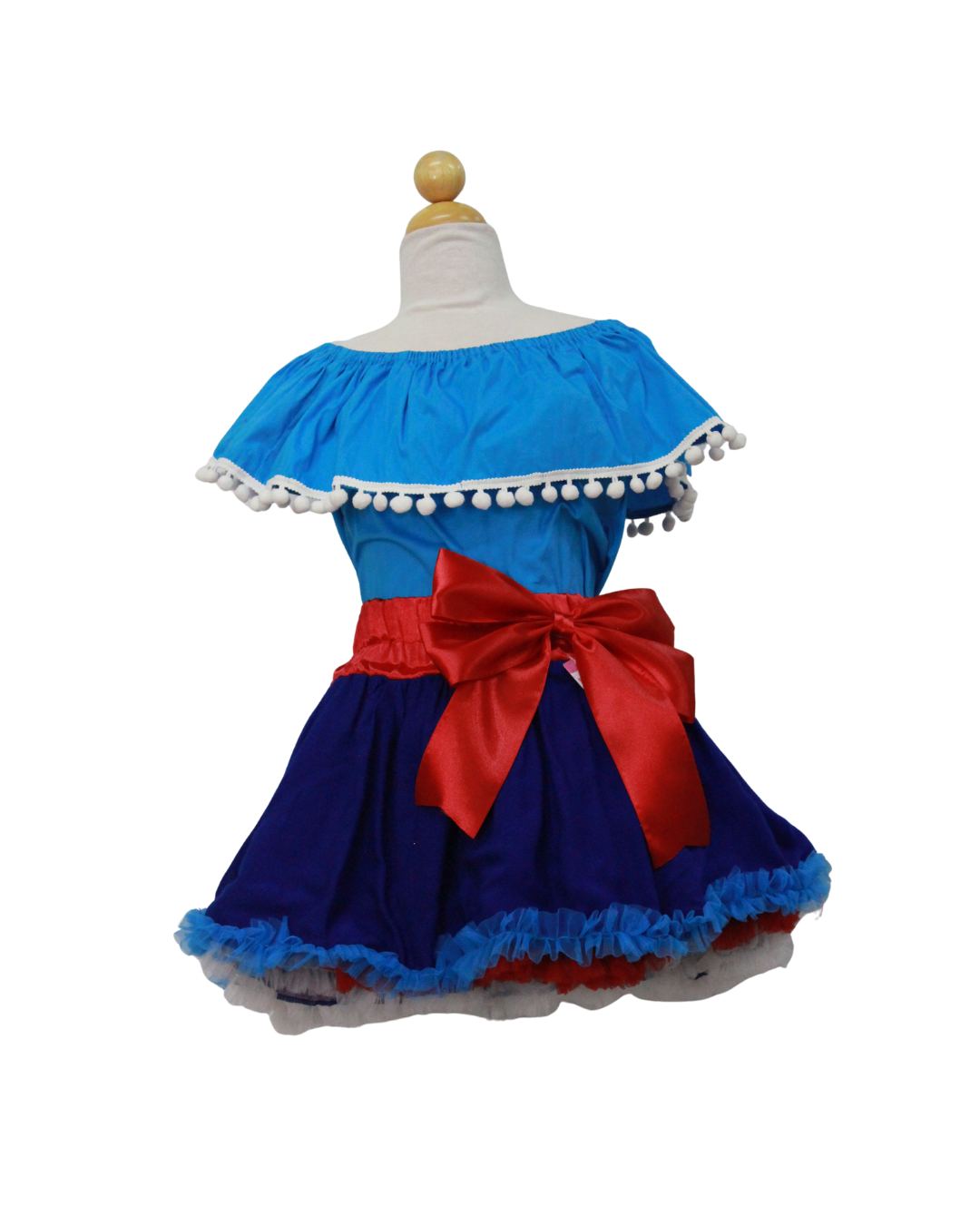 SET PATRIO TUTU CON BLUSA CAMPESINAAZUL POMPON BLANCO, FALDA AZUL