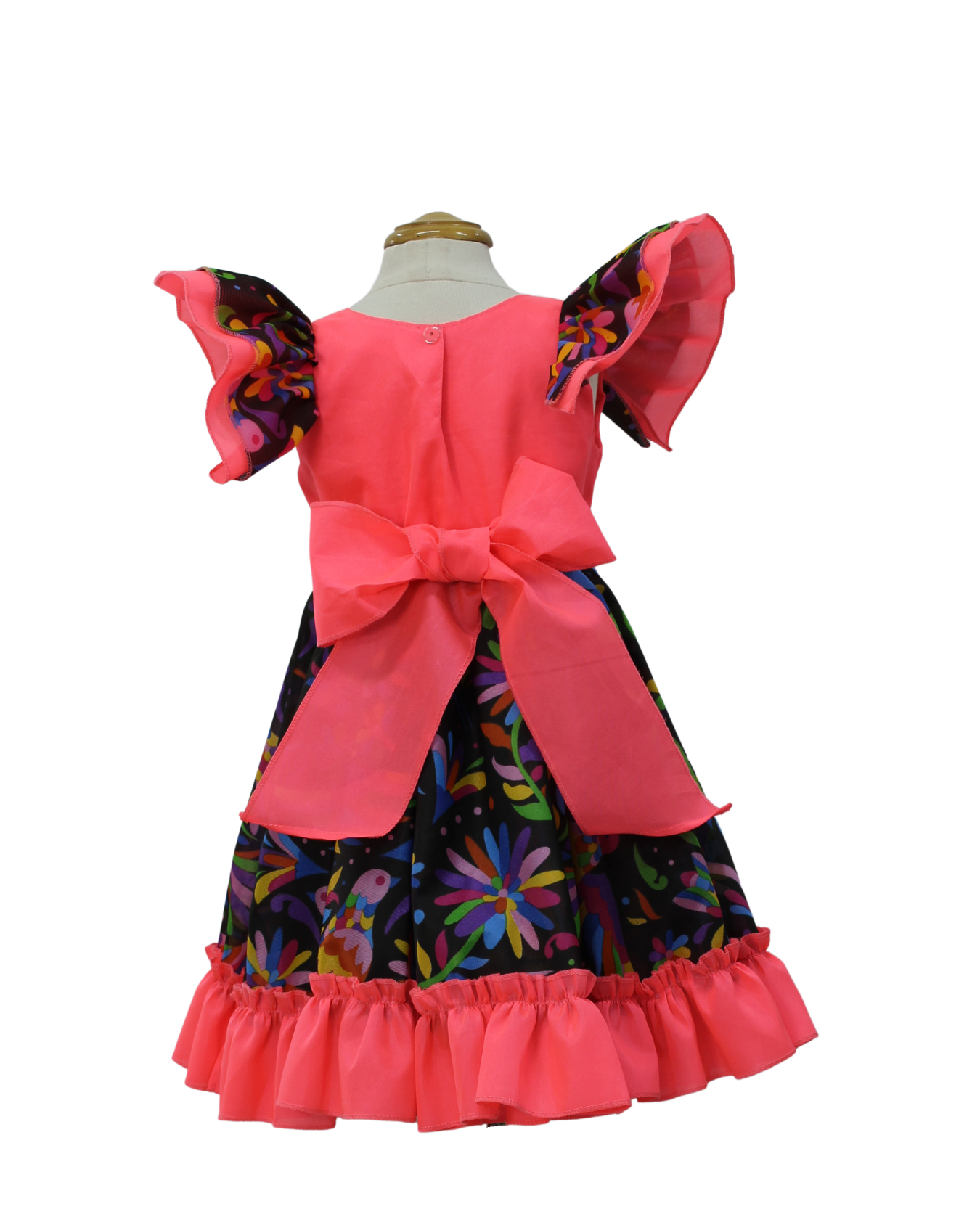 VESTIDO ADELITA TIPICO PATRIO ELEGANTE PETO ROSA NEON FALDA FLORES NEGRA