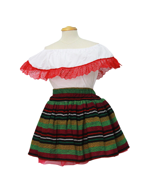 SET PATRIO TUTU CON BLUSA CAMPESINA BLANCA ENCAJE ROJO, FALDA CAMBAYA RAYAS