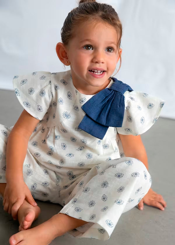 Conjunto pantalón largo y top estampado ivory flores azules