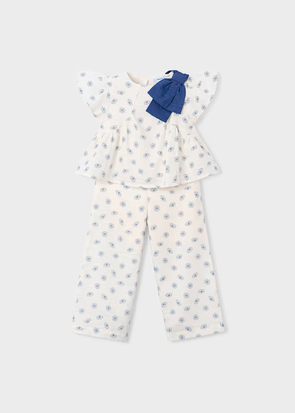 Conjunto pantalón largo y top estampado ivory flores azules