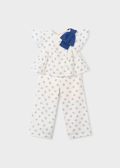 Conjunto pantalón largo y top estampado ivory flores azules