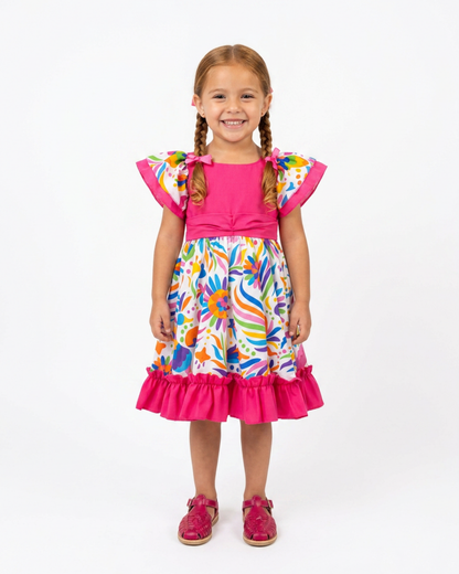 VESTIDO ADELITA TIPICO PATRIO ELEGANTE PETO ROSA FALDA FLORES BLANCA