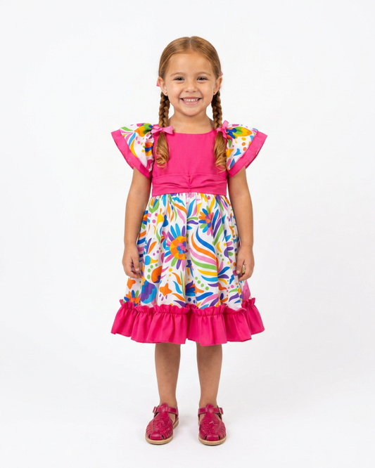 VESTIDO ADELITA TIPICO PATRIO ELEGANTE PETO ROSA FALDA FLORES BLANCA