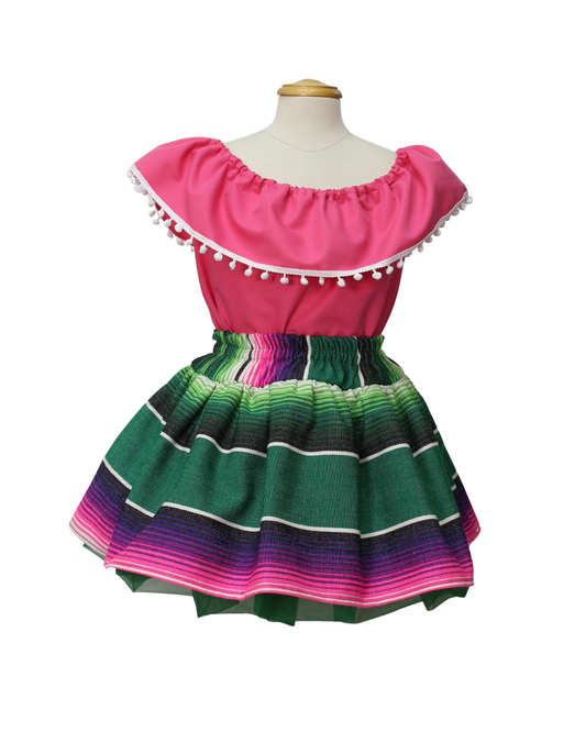 SET PATRIO TUTU CON BLUSA CAMPESINA BLANCA POMPON BLANCO, FALDA SALTILLO