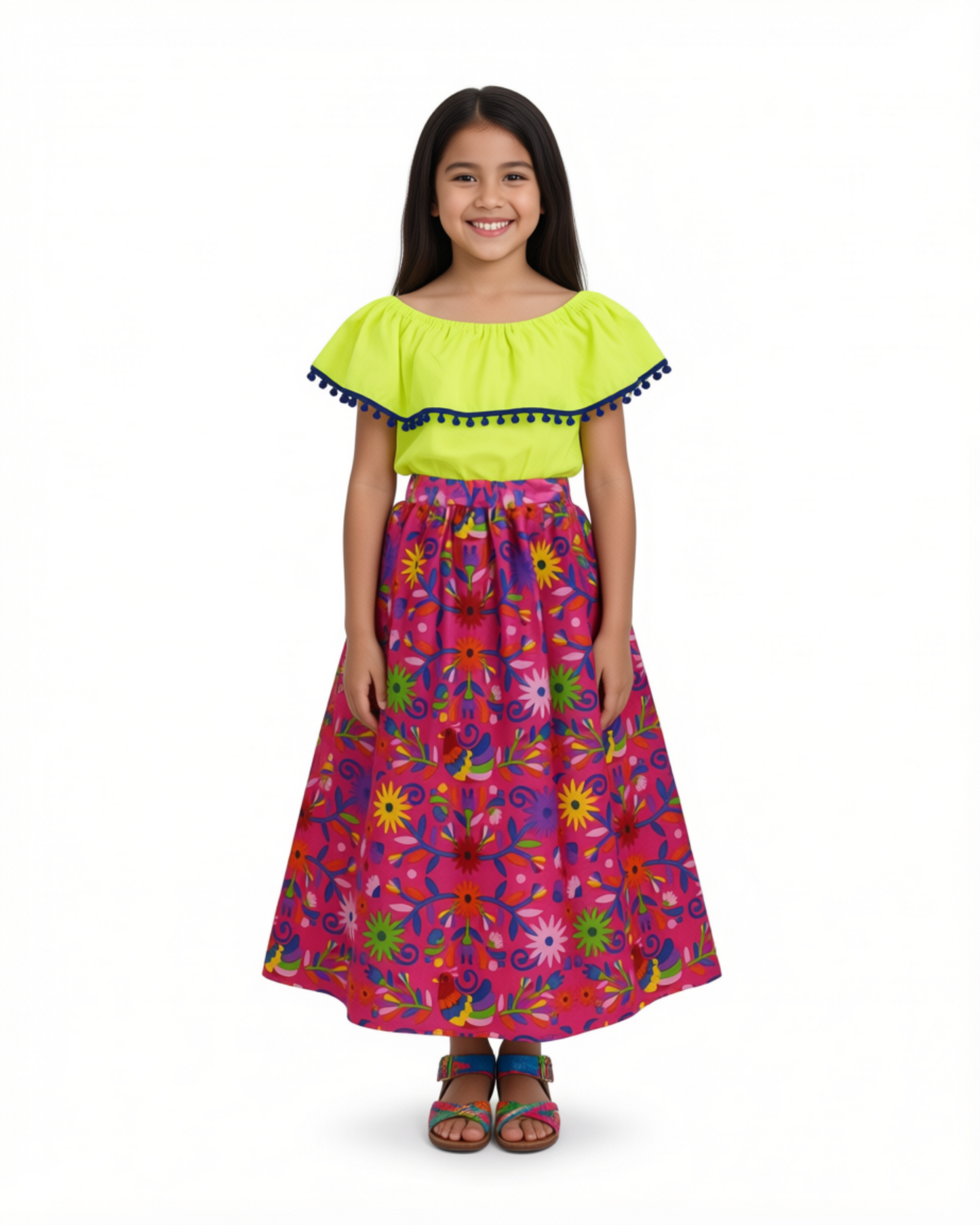SET FALDA ADELITA FLORES  BLUSA CAMPESINA AMARILLA POMPON AZUL