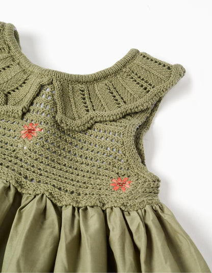 Vestido combinado con flores bordadas para bebé niña, verde oscuro