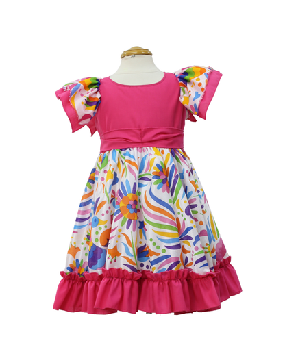 VESTIDO ADELITA TIPICO PATRIO ELEGANTE PETO ROSA FALDA FLORES BLANCA