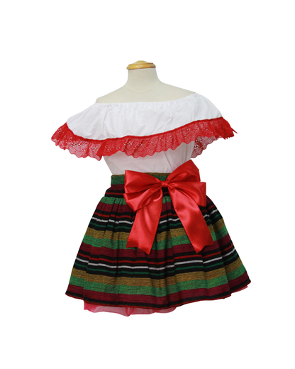 SET PATRIO TUTU CON BLUSA CAMPESINA BLANCA ENCAJE ROJO, FALDA CAMBAYA RAYAS