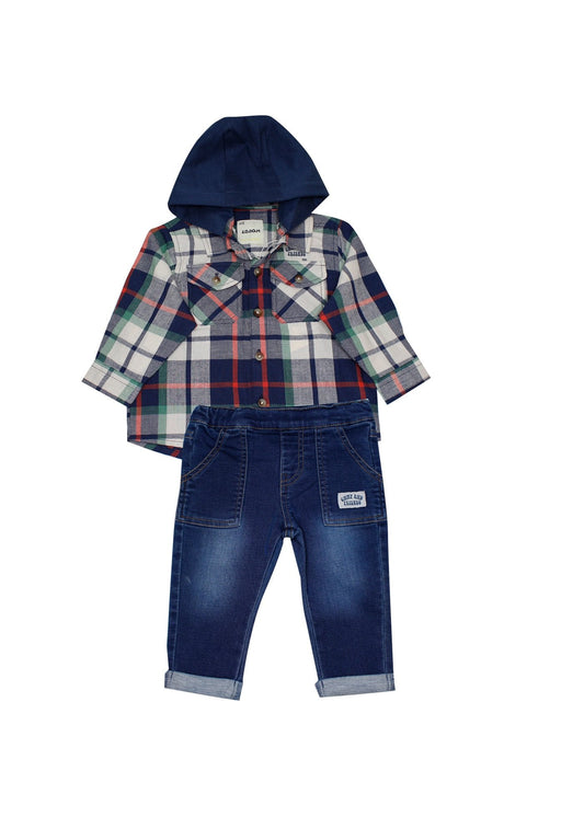 set pantalón denim, camisa a cuadros con gorro, losan