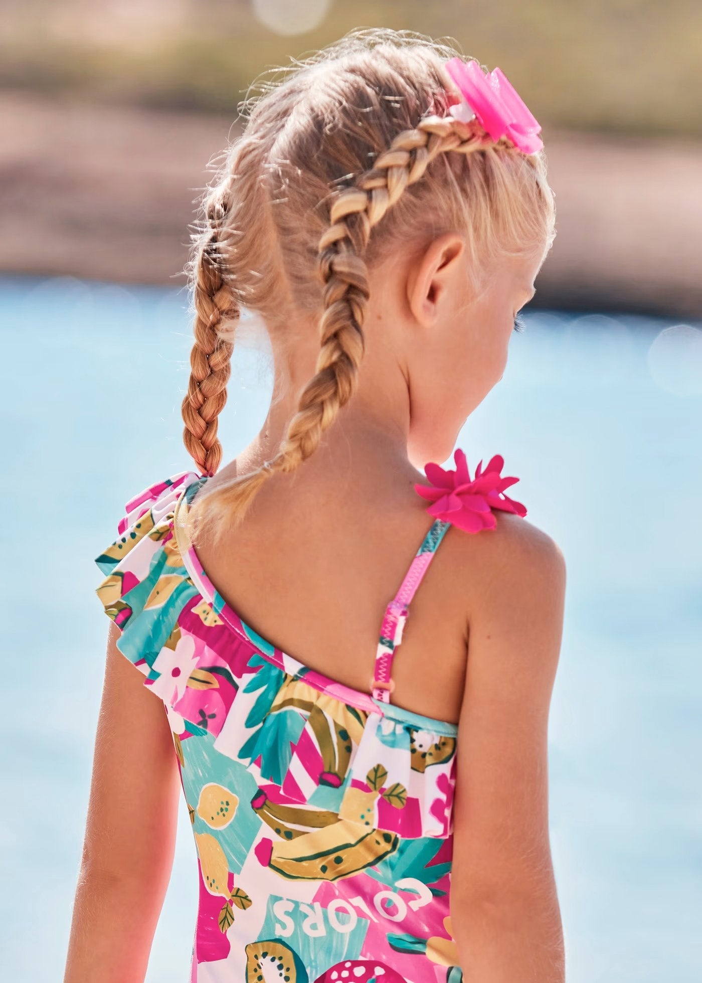 traje de baño, cruzado en en manga, tropical fucsia