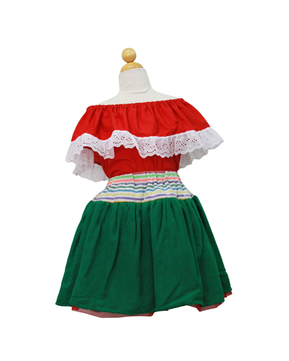 SET PATRIO TUTU CON BLUSA CAMPESINA ROJA ENCAJE BLANCO, FALDA CAMBAYA VERDE