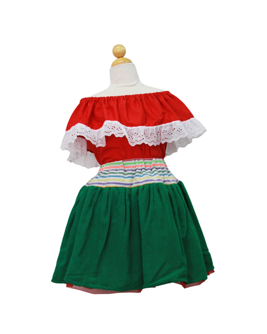 SET PATRIO TUTU CON BLUSA CAMPESINA ROJA ENCAJE BLANCO, FALDA CAMBAYA VERDE
