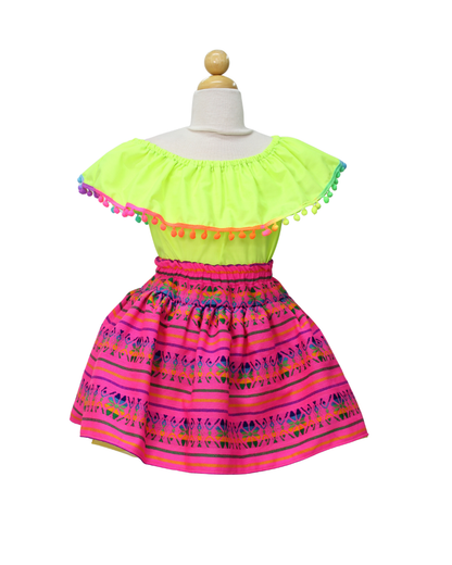 SET PATRIO TUTU CON BLUSA CAMPESINA NEON POMPON ARCOIRIS, FALDA CAMBAYA ROSA