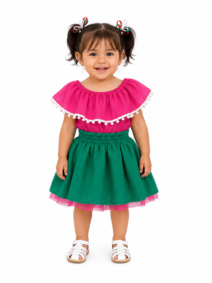 SET PATRIO TUTU CON BLUSA CAMPESINA ROSA POMPON BLANCO, FALDA CAMBAYA VERDE