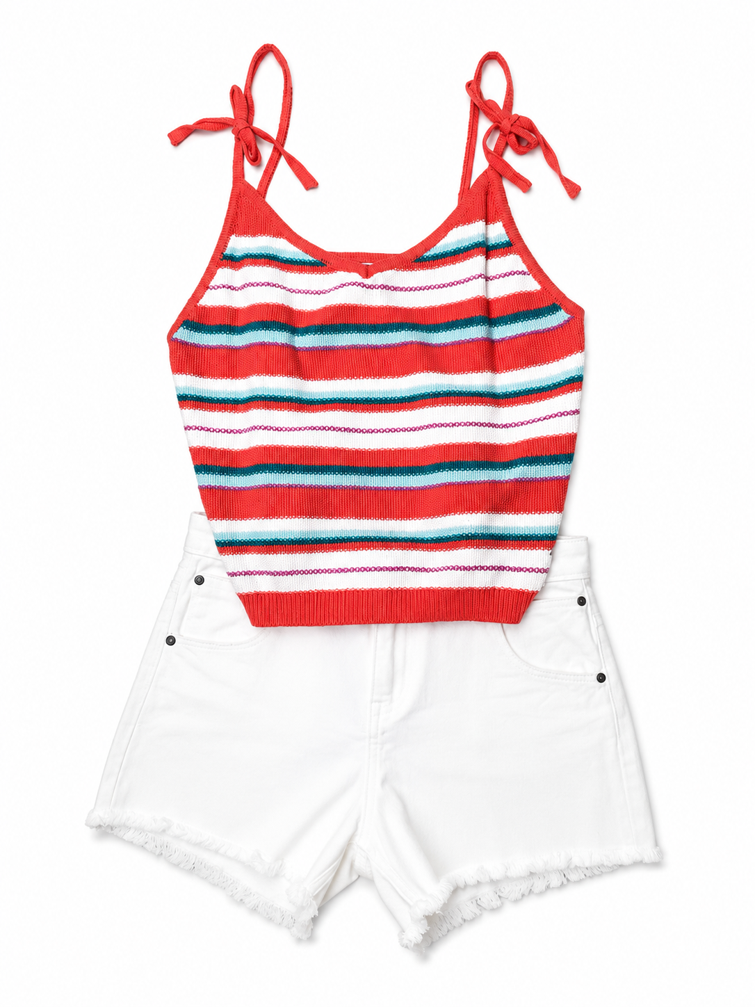 Conjunto Blusa tejisa a rayas con Short Mezclillla blanco