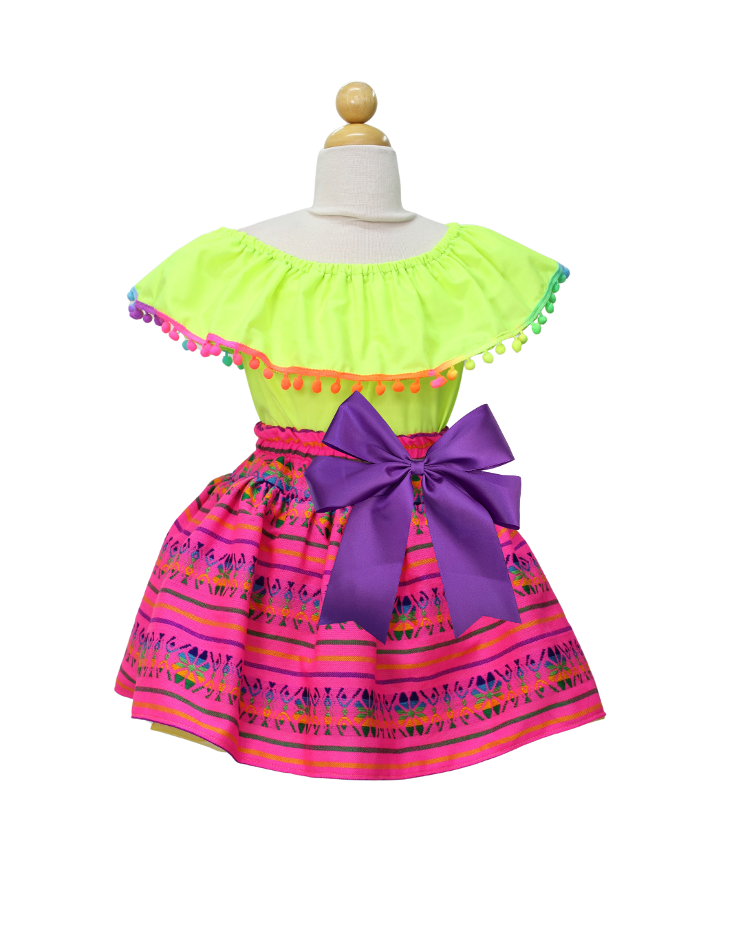 SET PATRIO TUTU CON BLUSA CAMPESINA NEON POMPON ARCOIRIS, FALDA CAMBAYA ROSA