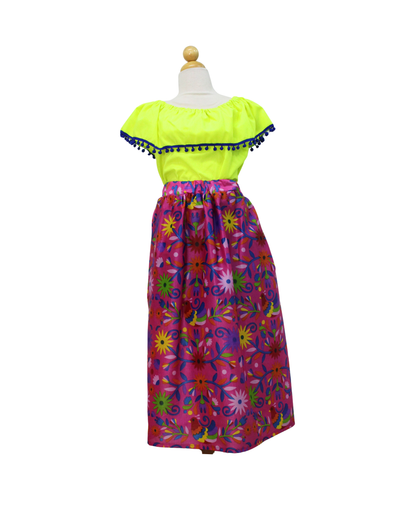 SET FALDA ADELITA FLORES  BLUSA CAMPESINA AMARILLA POMPON AZUL