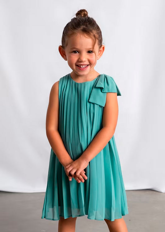 Vestido plisado lazo en hombro, verde lago