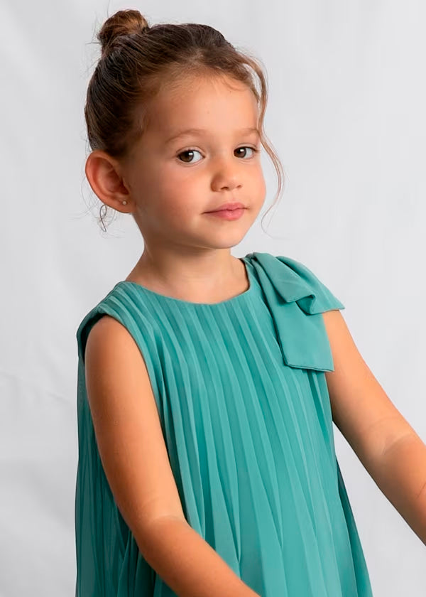 Vestido plisado lazo en hombro, verde lago